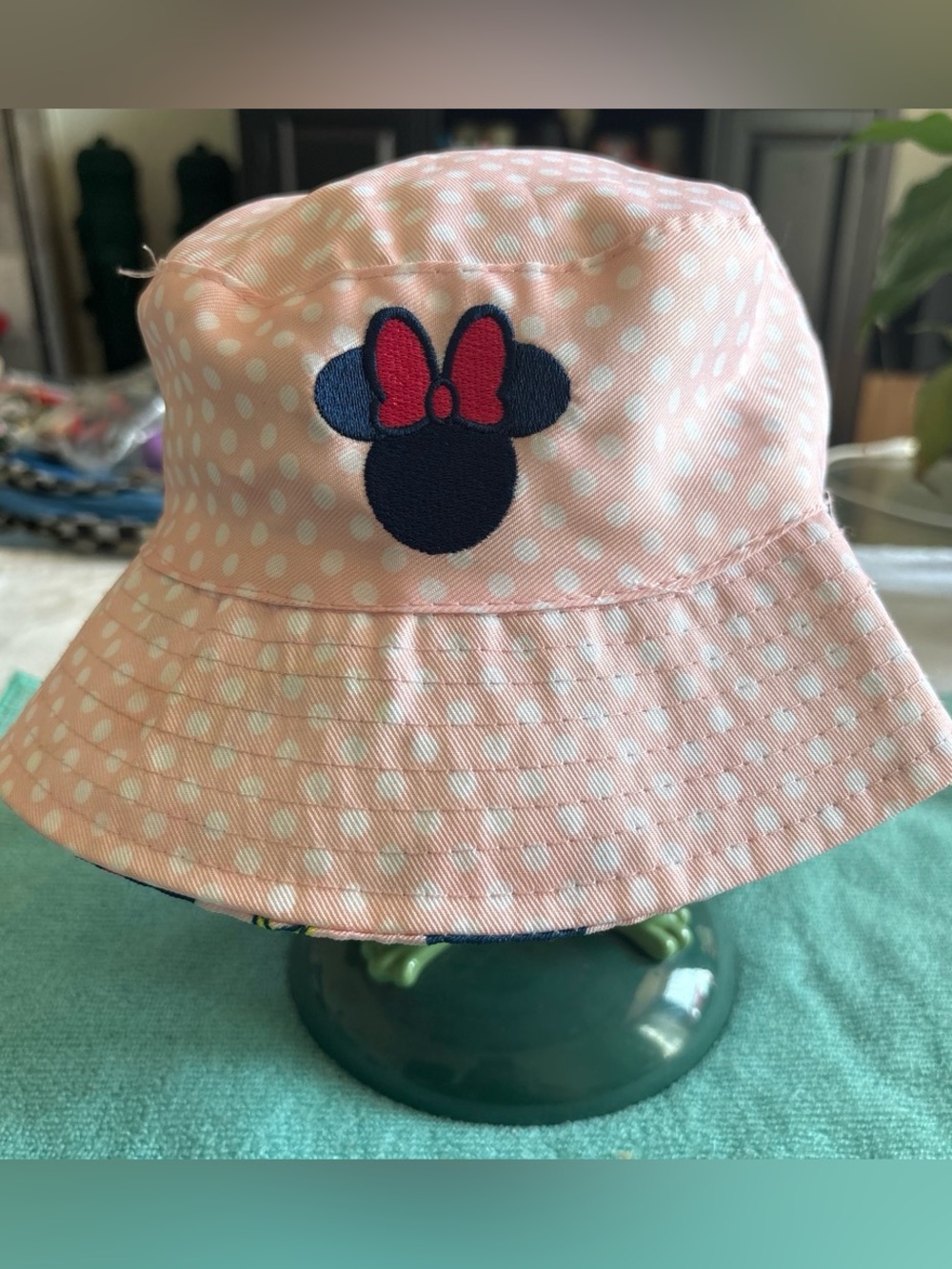 Disney Pink Polka Dot Kids Bucket Hat with Navy Minnie Patch and Red Bow